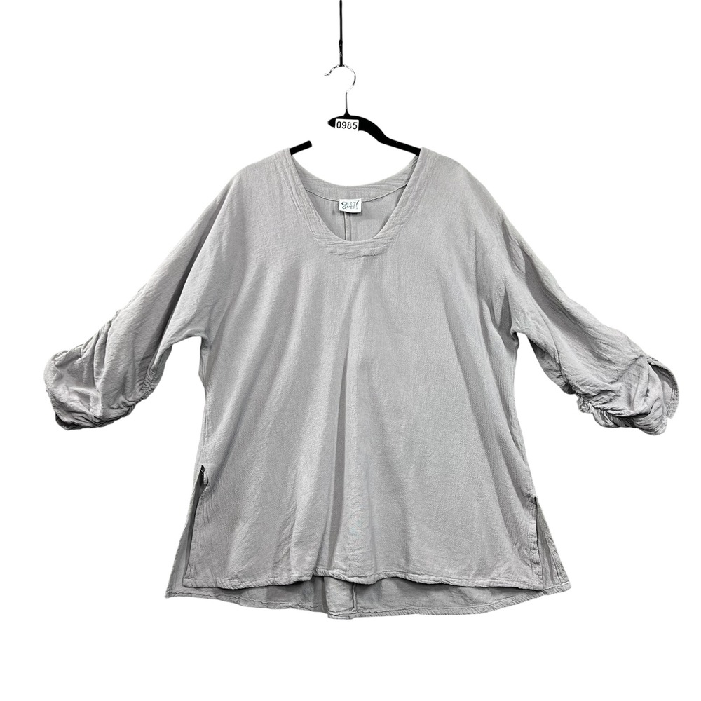 Oh My Gauze! Grey Cotton V-Neck Tunic Top Ruched Sleeve Size 2 Lagenlook Boho
